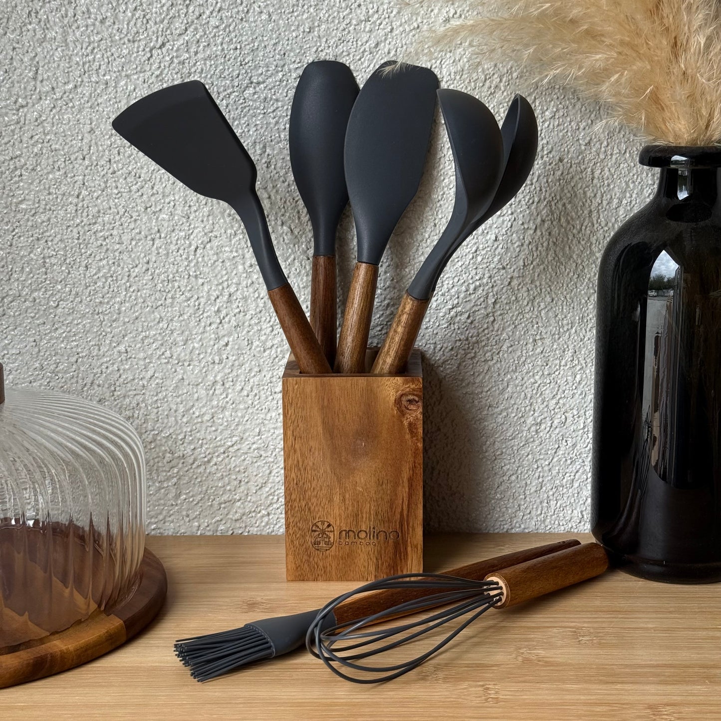 Molino Akasya Ağacı Standlı Silikon Mutfak Seti 8 Parça Gri