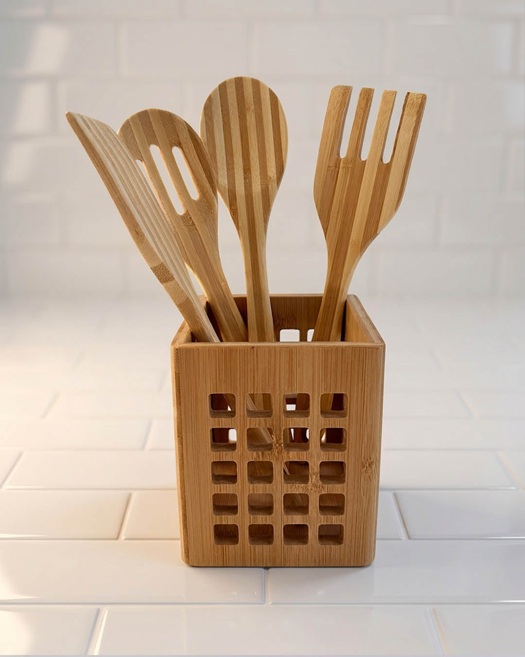 Bambu Kaşıklıklı 5 Parça Doğal Bambu Mutfak Gereçleri Seti