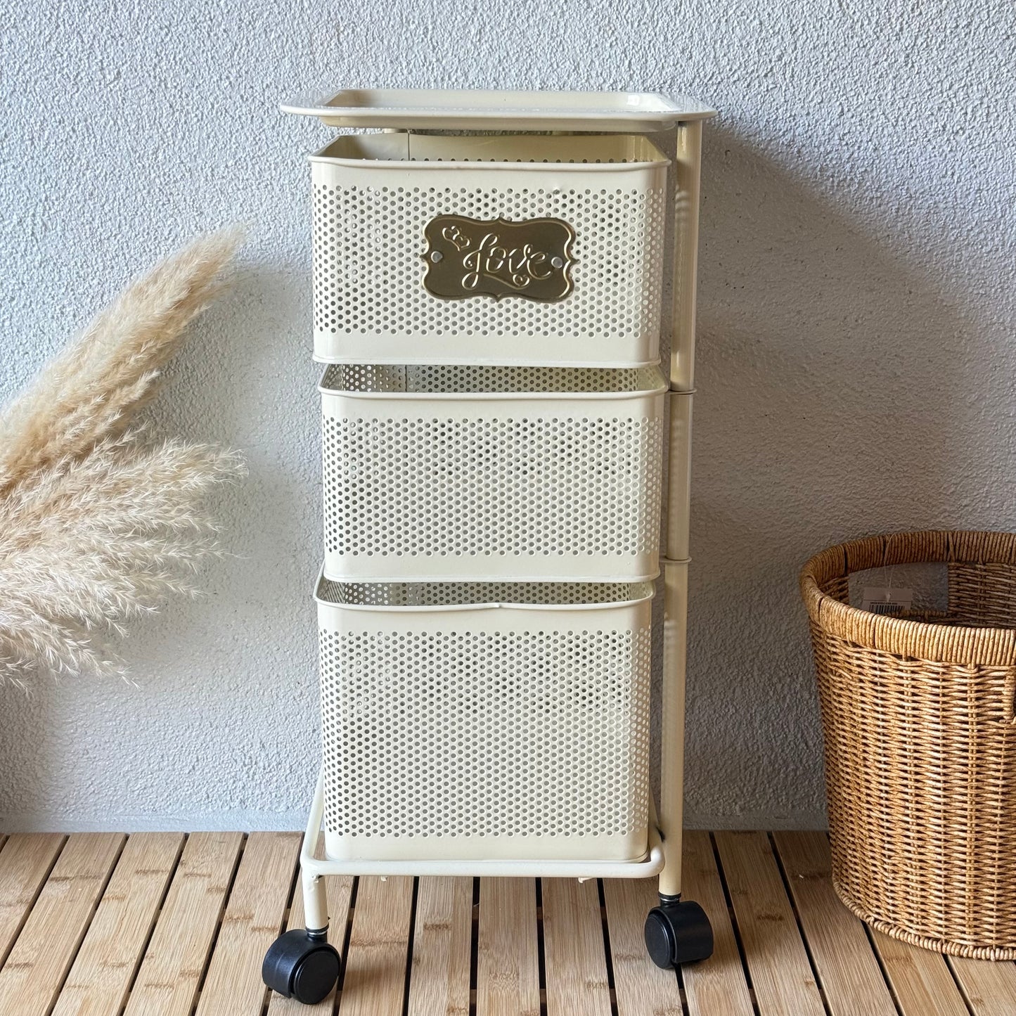 Evanev 3 Katlı Açılır Kapanır Tekerlikli Kare Ferforje Sebzelik Krem KOD:1058K