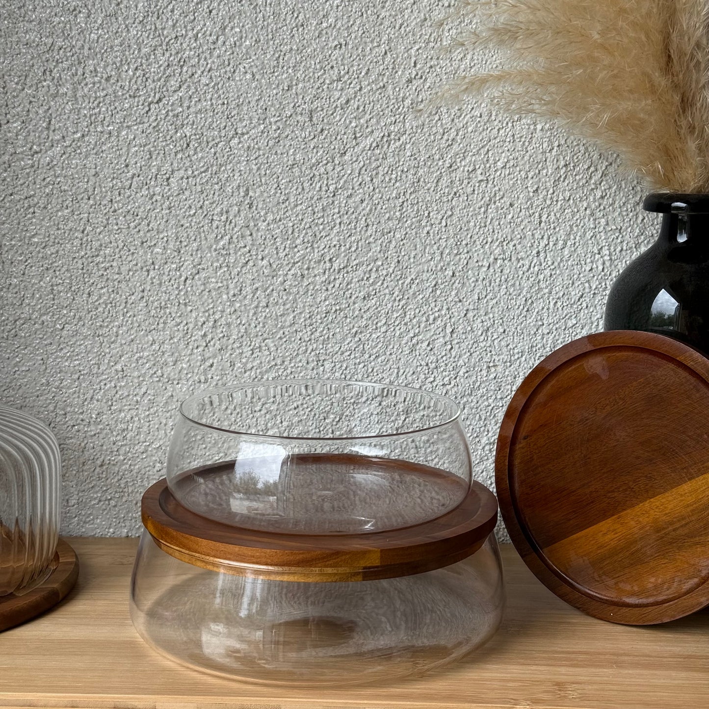 Milay İki Boy Akasya Kapaklı Cam Saklama Kabı KOD:245