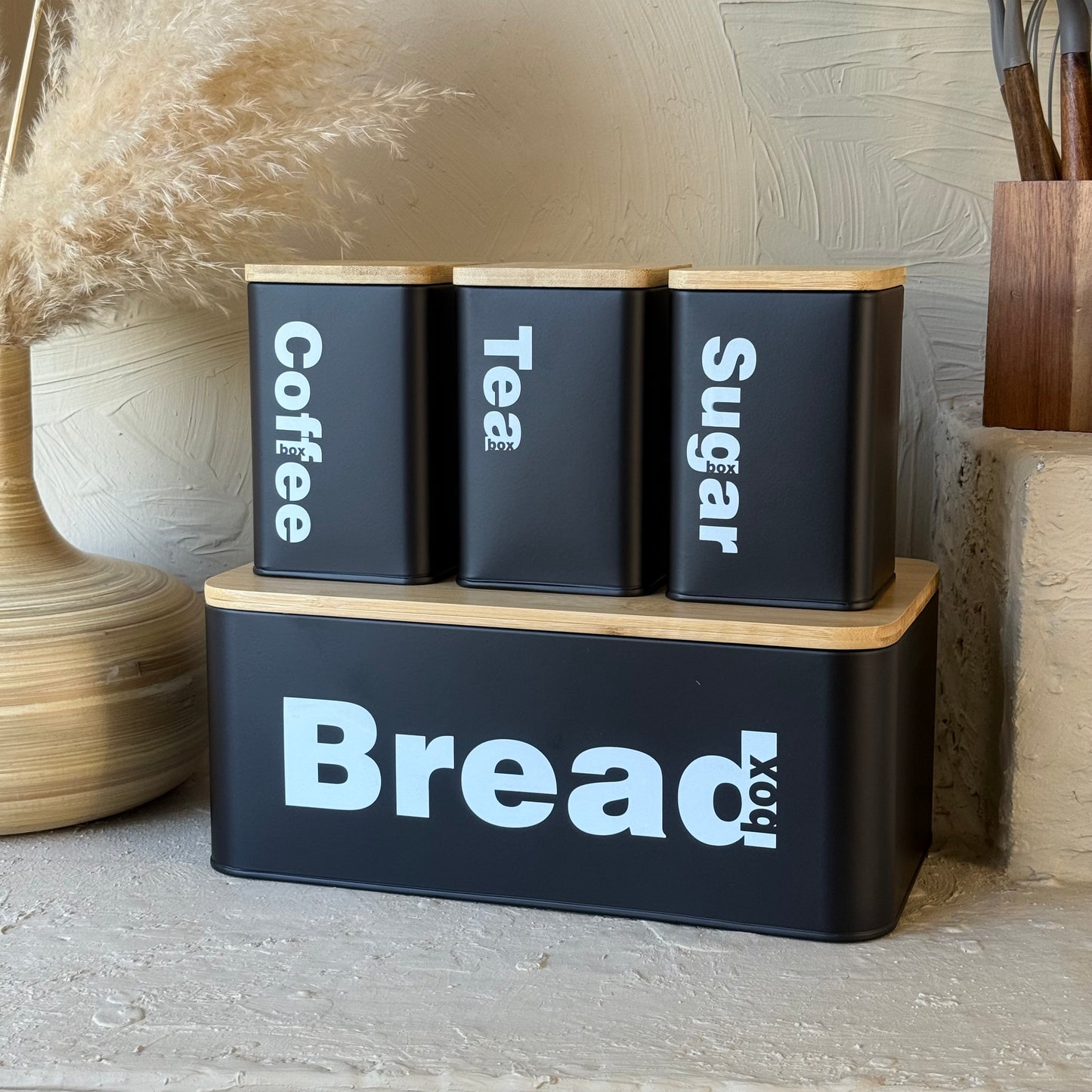 Vintage Bambu Kapaklı Ekmeklik Kavanoz Seti Siyah KOD:345