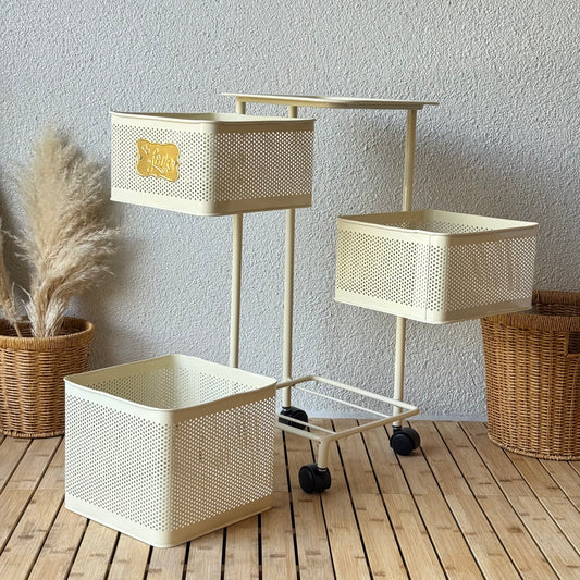 Evanev 3 Katlı Açılır Kapanır Tekerlikli Kare Ferforje Sebzelik Krem KOD:1058K