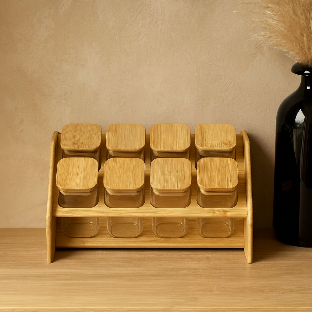 Luna Bambu Standlı 8Li Kare Baharatlık Seti