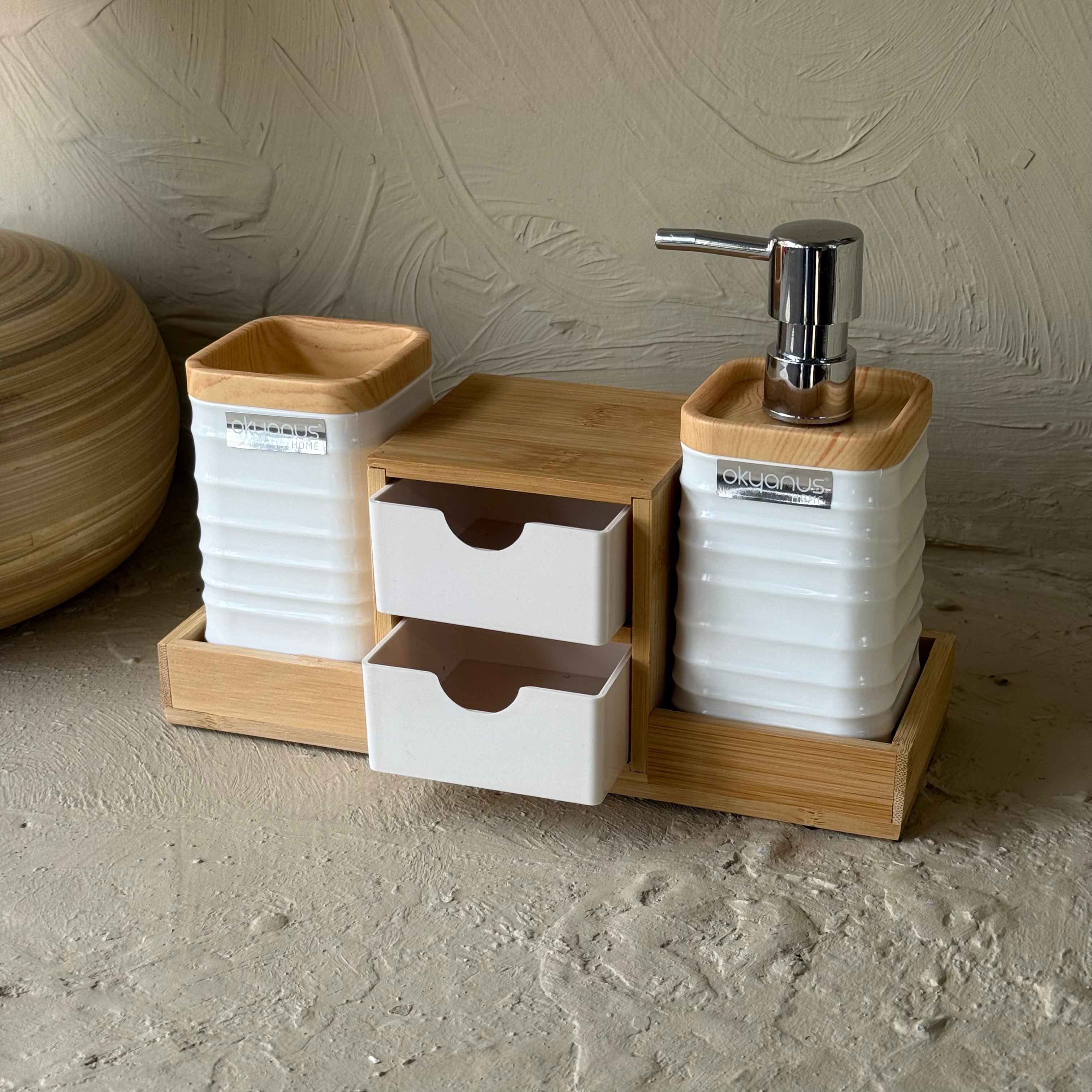 Okyanus 5 Parça Bambu Standlı Banyo Seti Beyaz