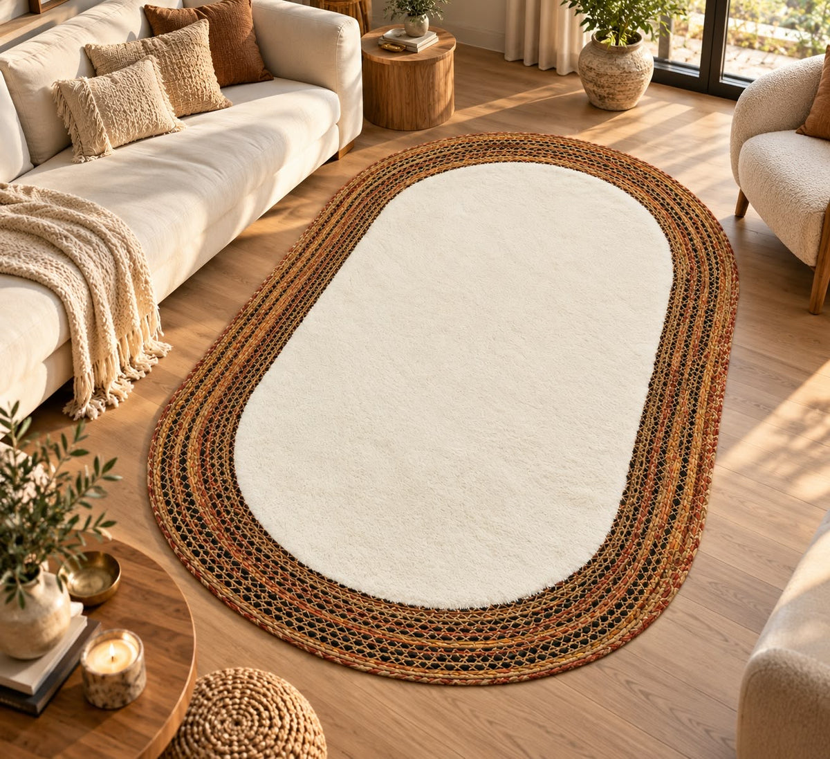 Arven Etnik Jüt ve Peluş Oval Halı - Doğal ve Lüks Dokunuş (80x150cm) 202