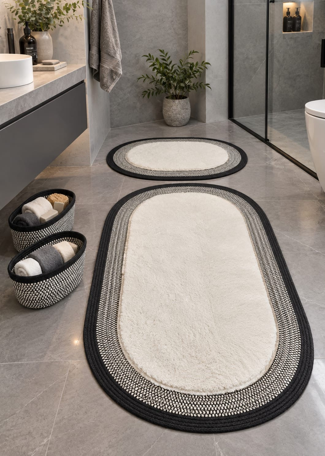 LuxeOval Siyah-Krem Peluş Banyo Paspas ve Hasır Organizer 4’lü Seti | Modern & Skandinav Tasarım
