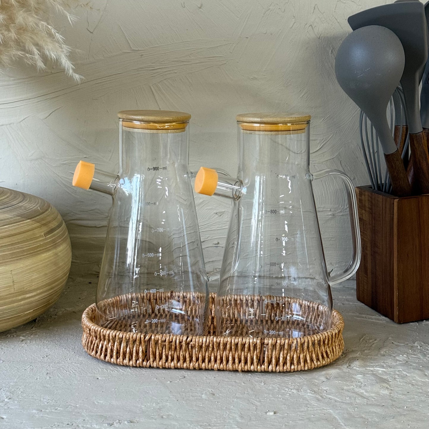 Valley Rattan Standlı İkili Borosilikat Yağdanlık Seti 900 ml