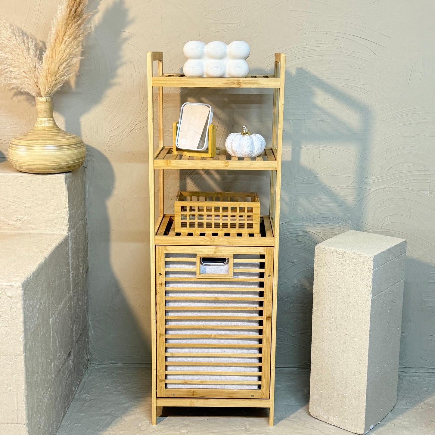 Lalezar 3 Raflı Bambu Kirli Çamaşır Sepeti Krem  KOD:8021