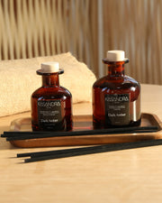 Dark Amber Premium Çubuklu Oda ve Banyo Kokusu Seti – Ahşap Standlı Dekoratif Cam Şişe – 150 ml & 250 ml Siyah