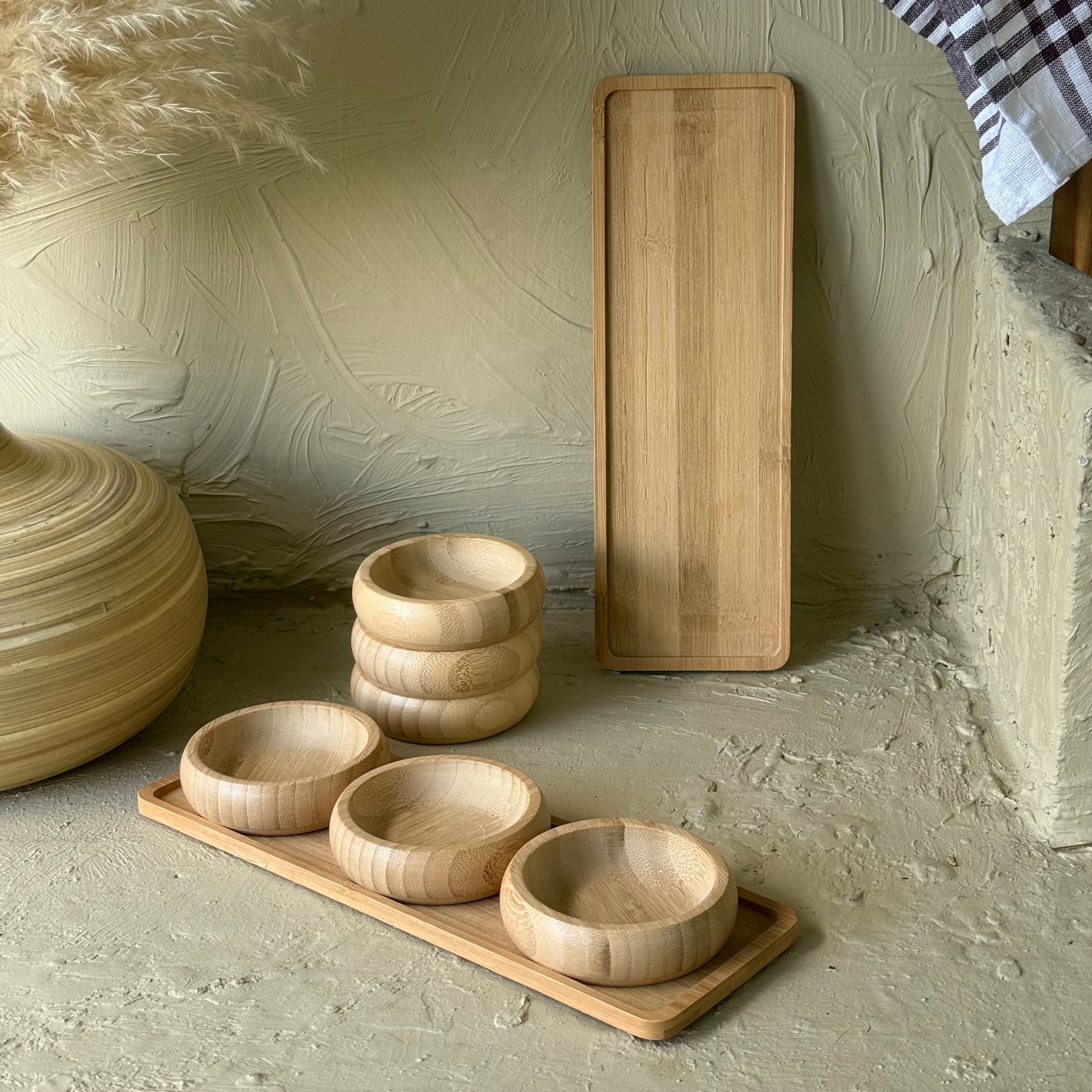 1 ALANA 1 BEDAVA Miev Bambu Standlı 3'Lü Yuvarlak Çerezlik Sosluk Seti KOD:399