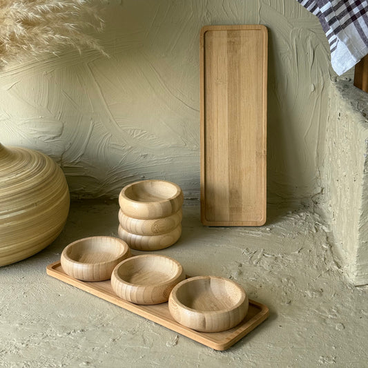 1 ALANA 1 BEDAVA Miev Bambu Standlı 3'Lü Yuvarlak Çerezlik Sosluk Seti KOD:399