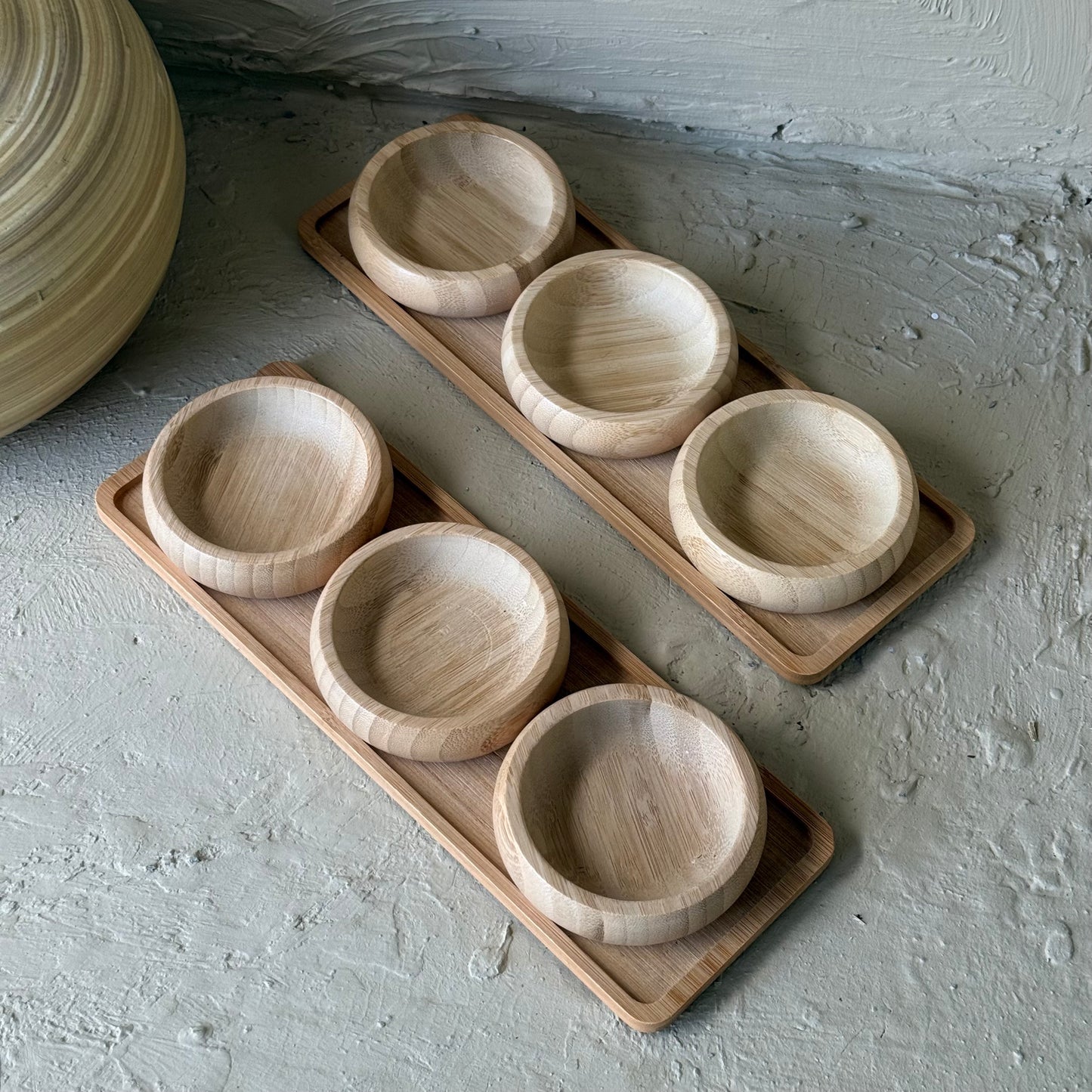 1 ALANA 1 BEDAVA Miev Bambu Standlı 3'Lü Yuvarlak Çerezlik Sosluk Seti KOD:399