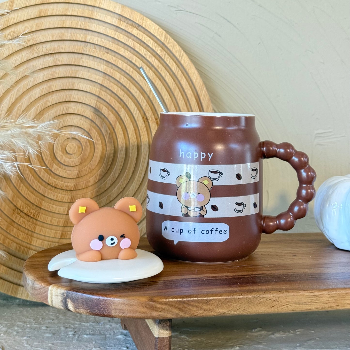 Tutku Bear Kapaklı Porselen Kupa Kahve Rengi Happy