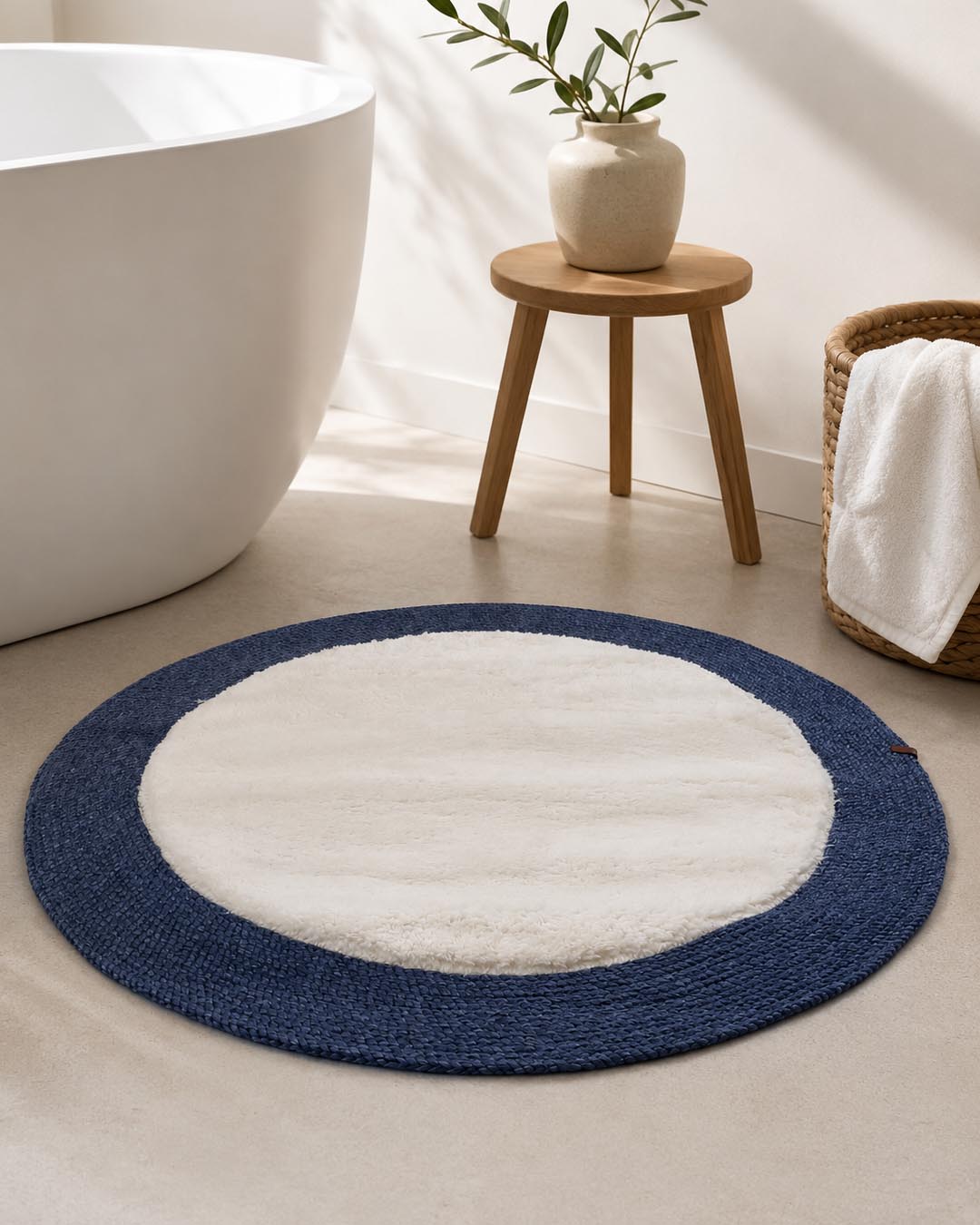 Doğal Lif Örgülü Peluş Dokulu Yuvarlak Dekoratif Halı Tuuli 100x100 İndigo 403