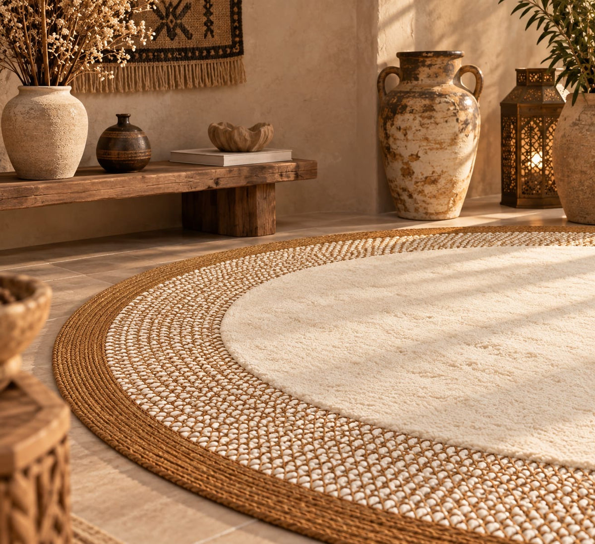Doğal Lif Örgülü Peluş Dokulu Yuvarlak Dekoratif Halı Nil Tarçın 100x100