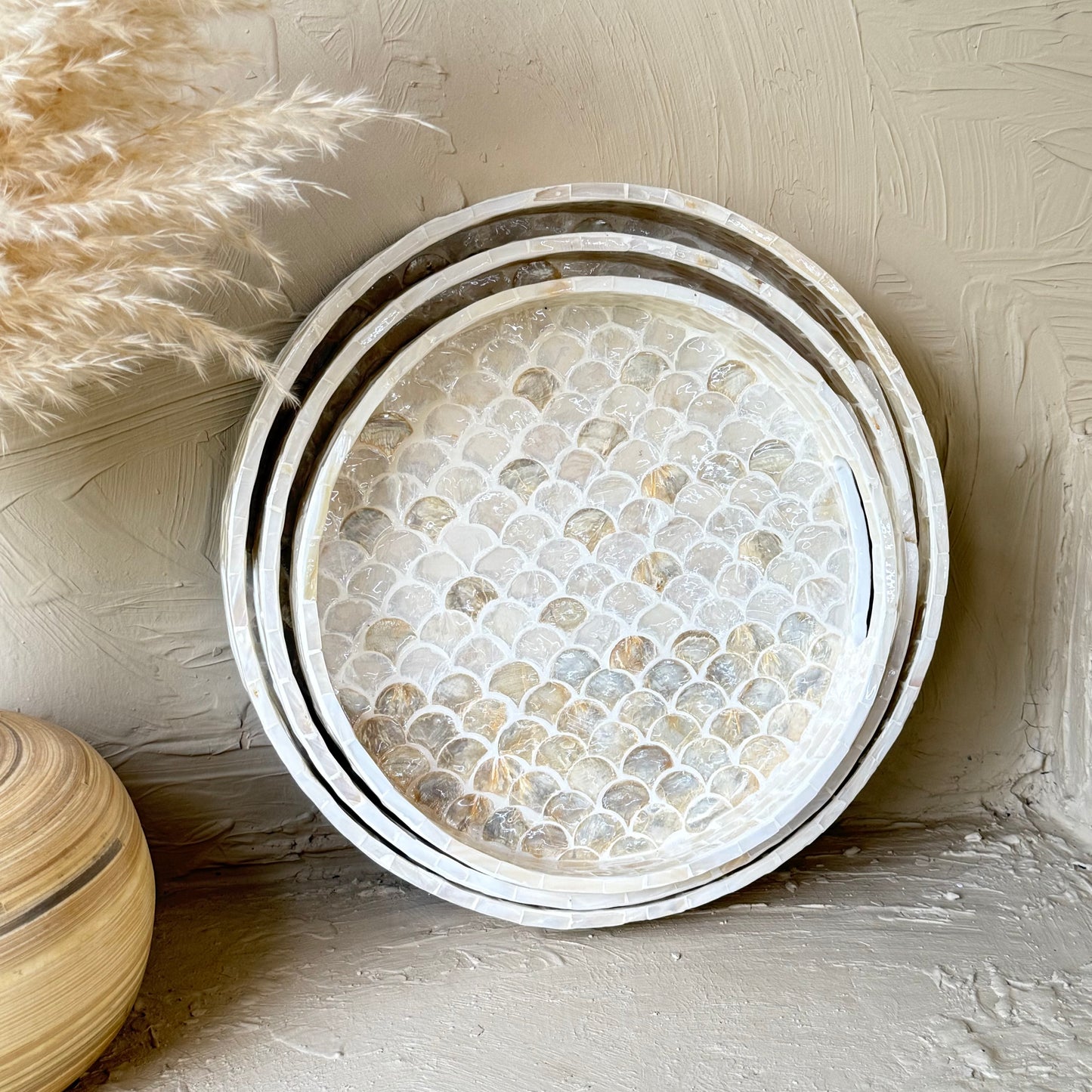 SVR Sedef 3 Lü Yuvarlak Tepsi Seti KOD:61874  Krem