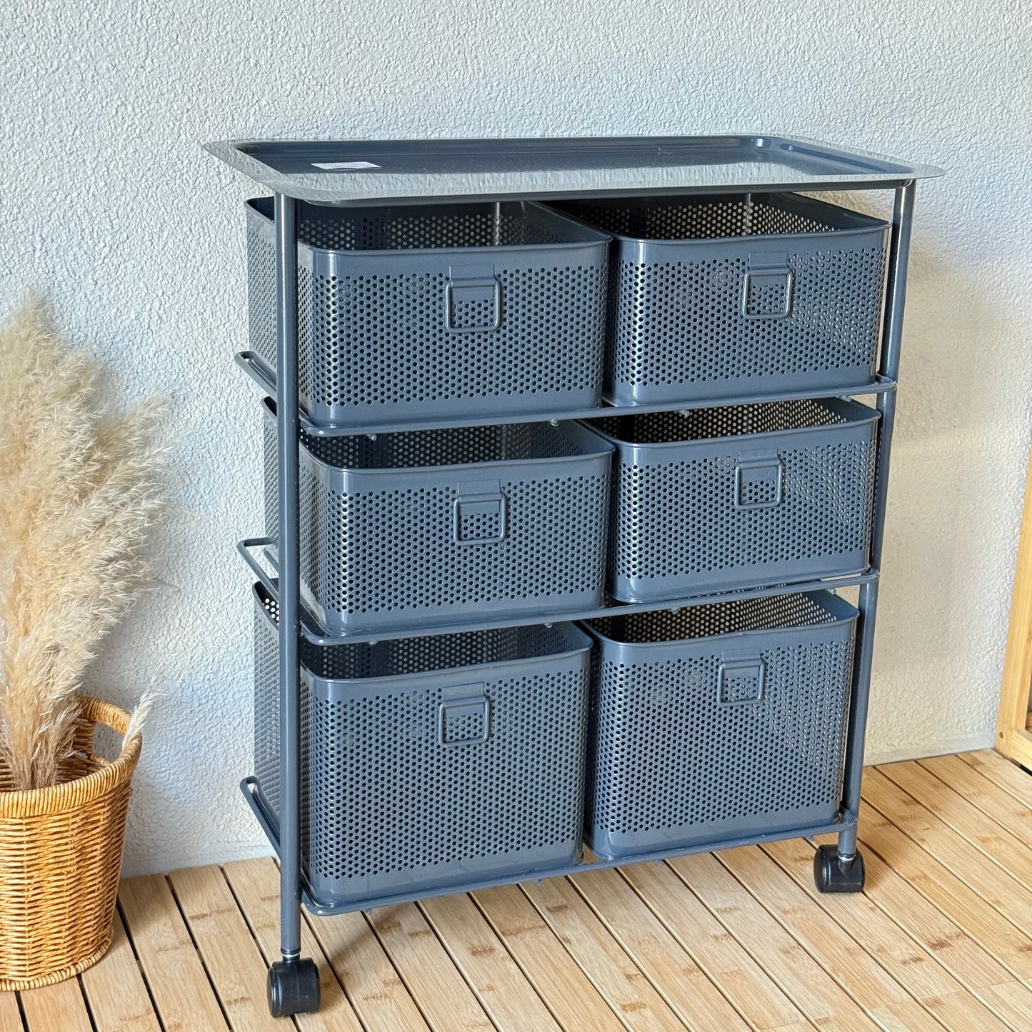 Evanev 3 Katlı Açılır Kapanır 6 Çekmeçeli Tekerlekli Kare Ferforje Sebzelik Gri KOD:1059T