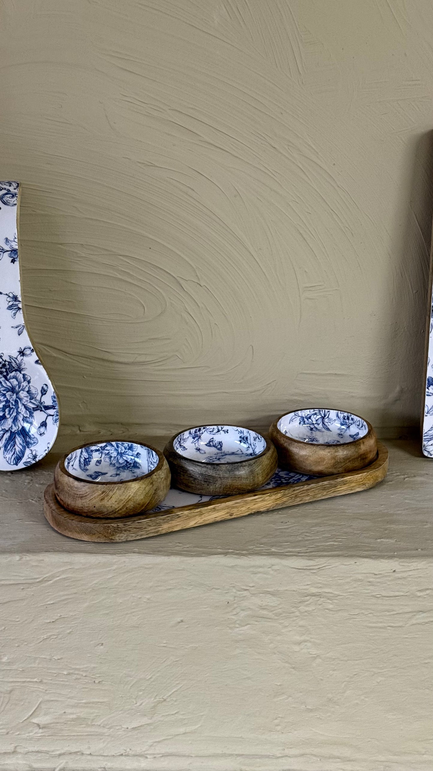 Selin Oval Standlı 3 lü Çerezlik Seti Kahvaltılık Mavi Desenli KOD:HSL-24