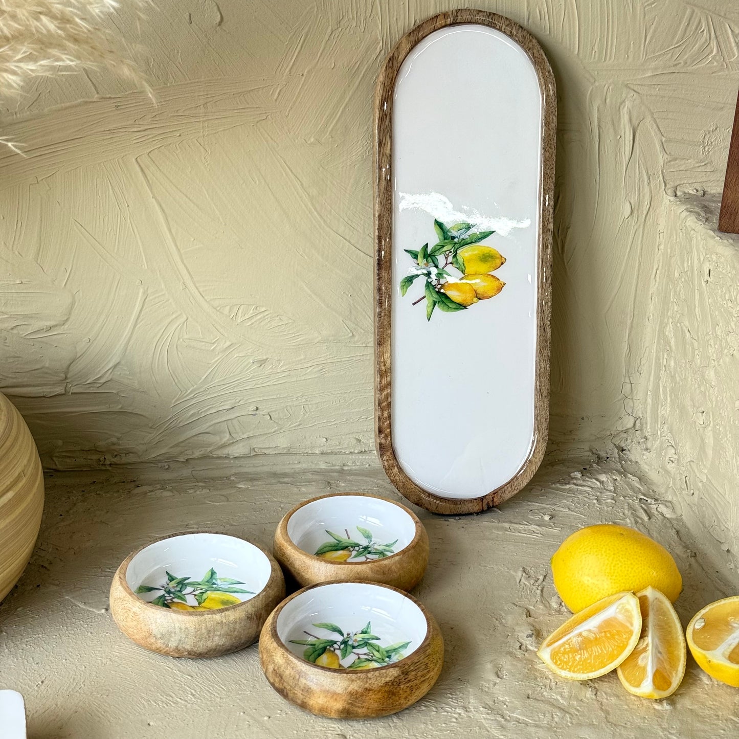 Selin Oval Standlı 3 lü Çerezlik Seti Kahvaltılık Lemon Desenli KOD:HSL-12