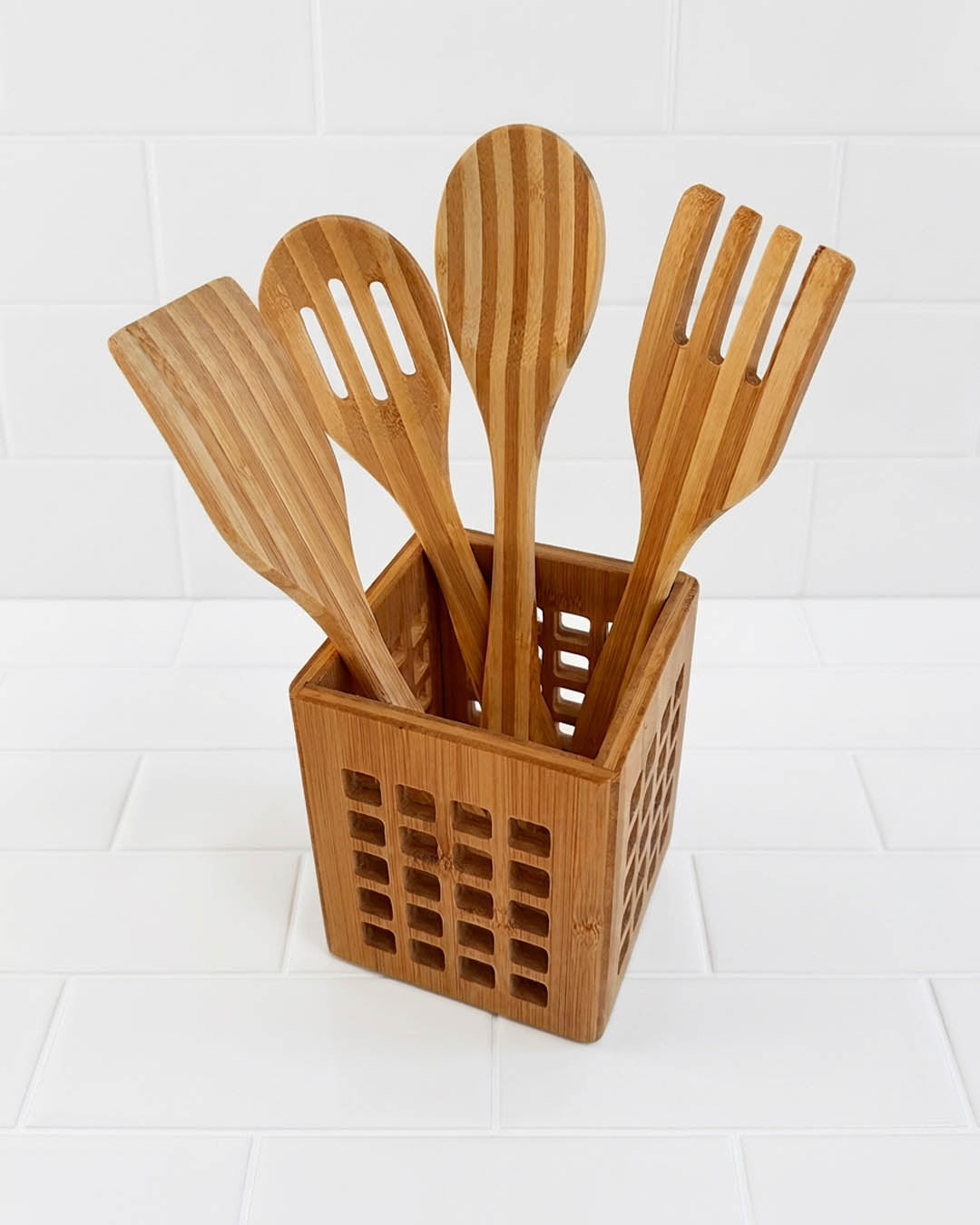 Bambu Kaşıklıklı 5 Parça Doğal Bambu Mutfak Gereçleri Seti