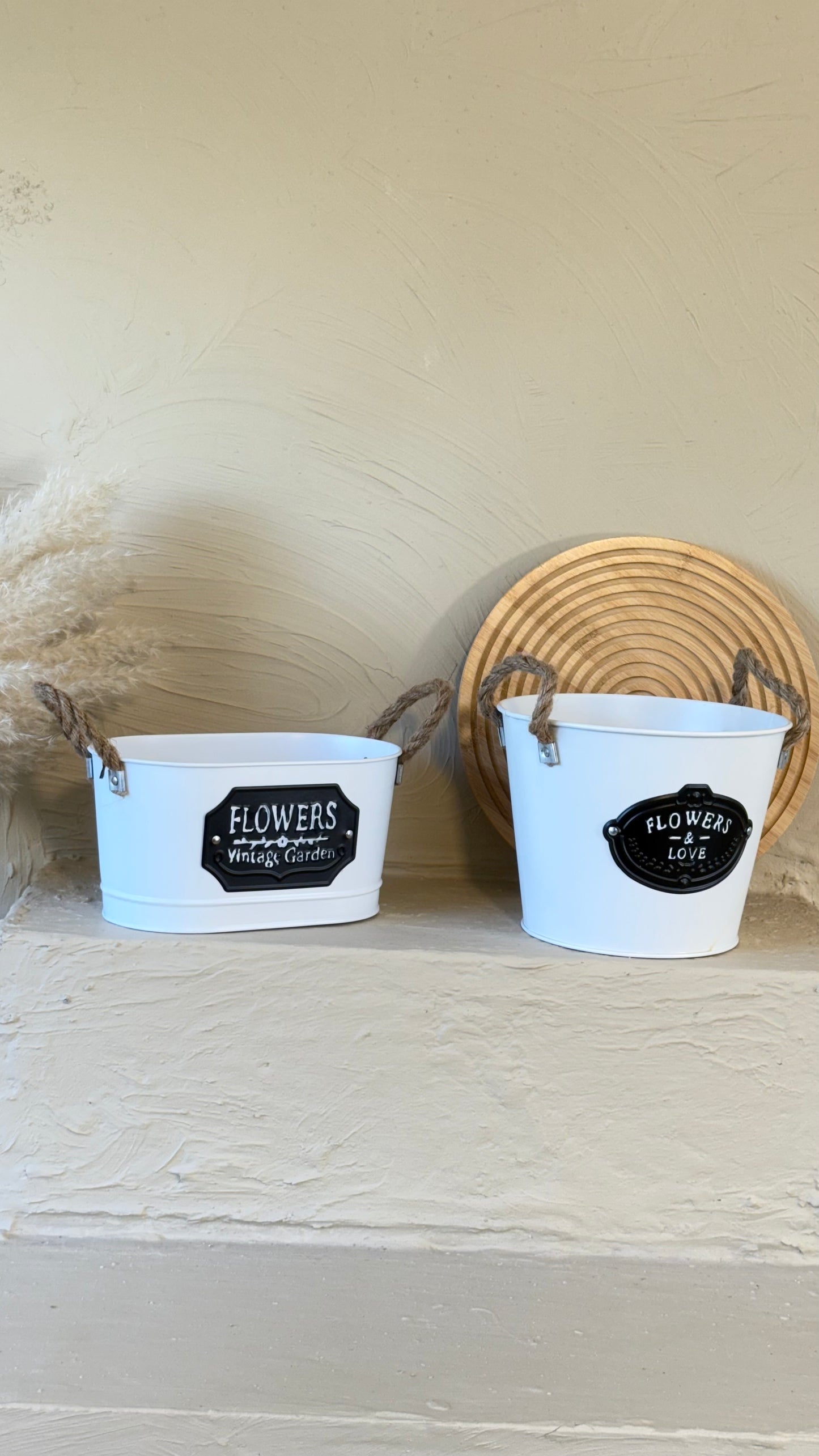 Tutku Halat Kulplu Metal İki Boy Vintage Saksı Beyaz KOD:3455-54