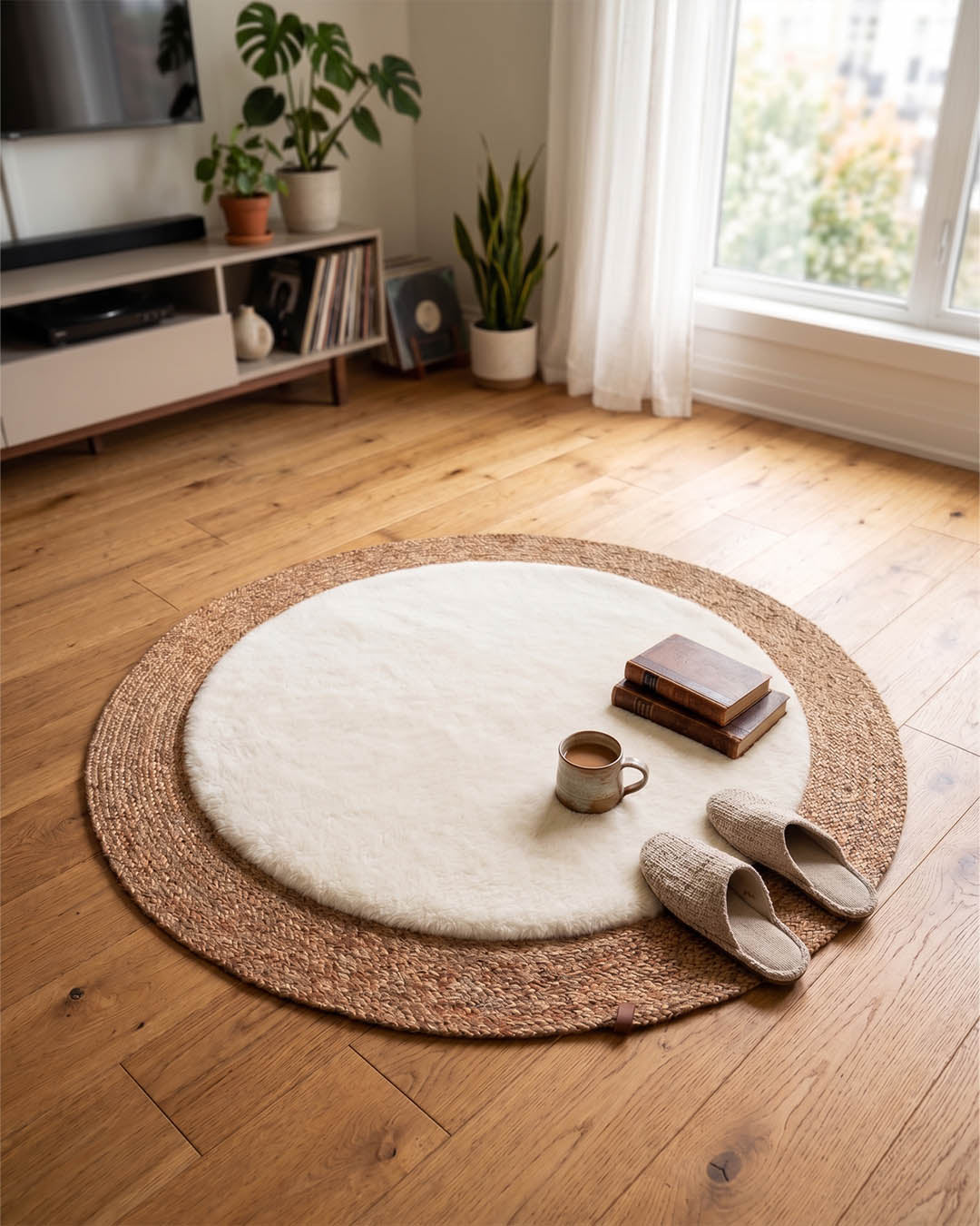 Doğal Lif Örgülü Peluş Dokulu Yuvarlak Dekoratif Halı Tuuli 100x100