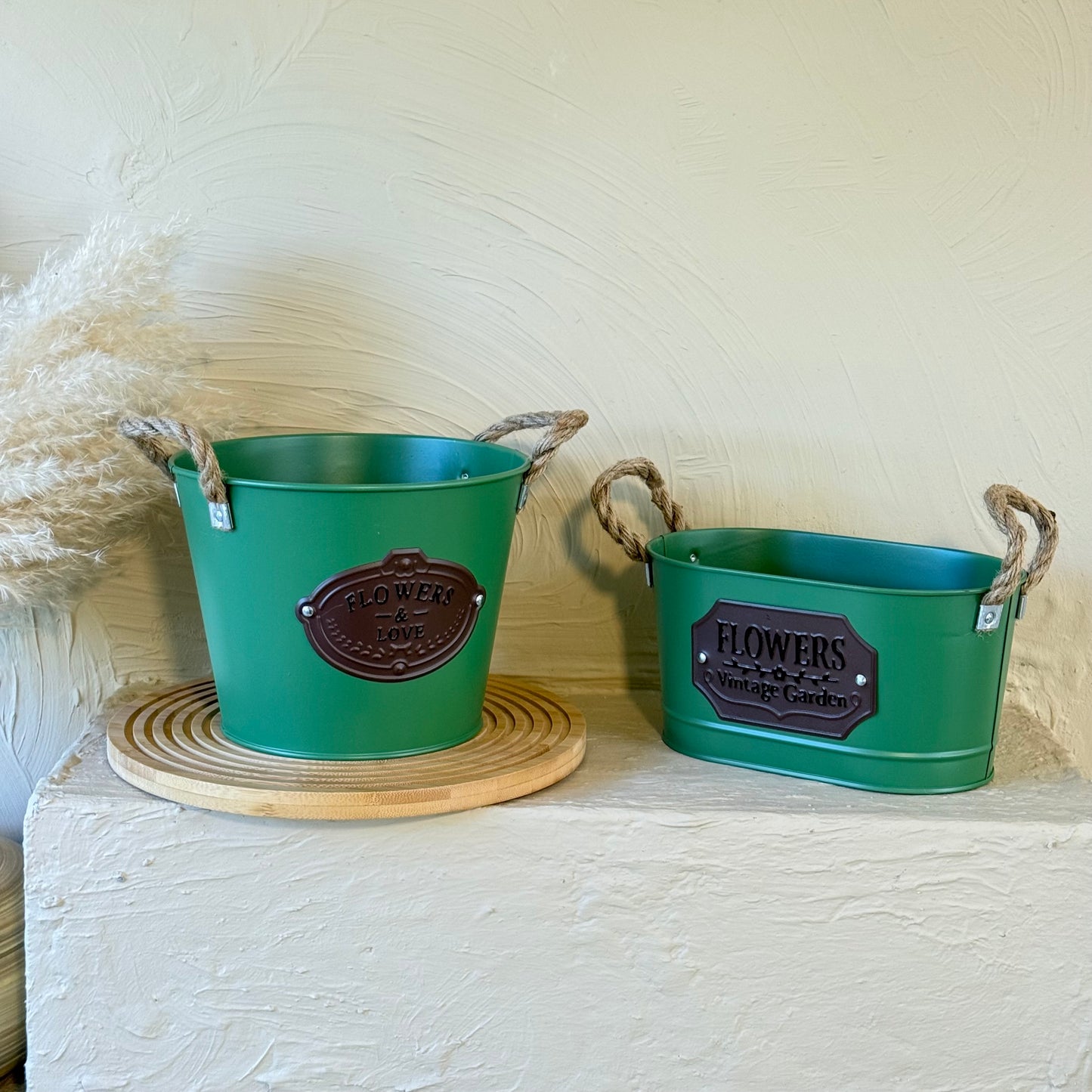 Tutku Halat Kulplu Metal İki Boy Vintage Saksı Yeşil KOD:3455-54