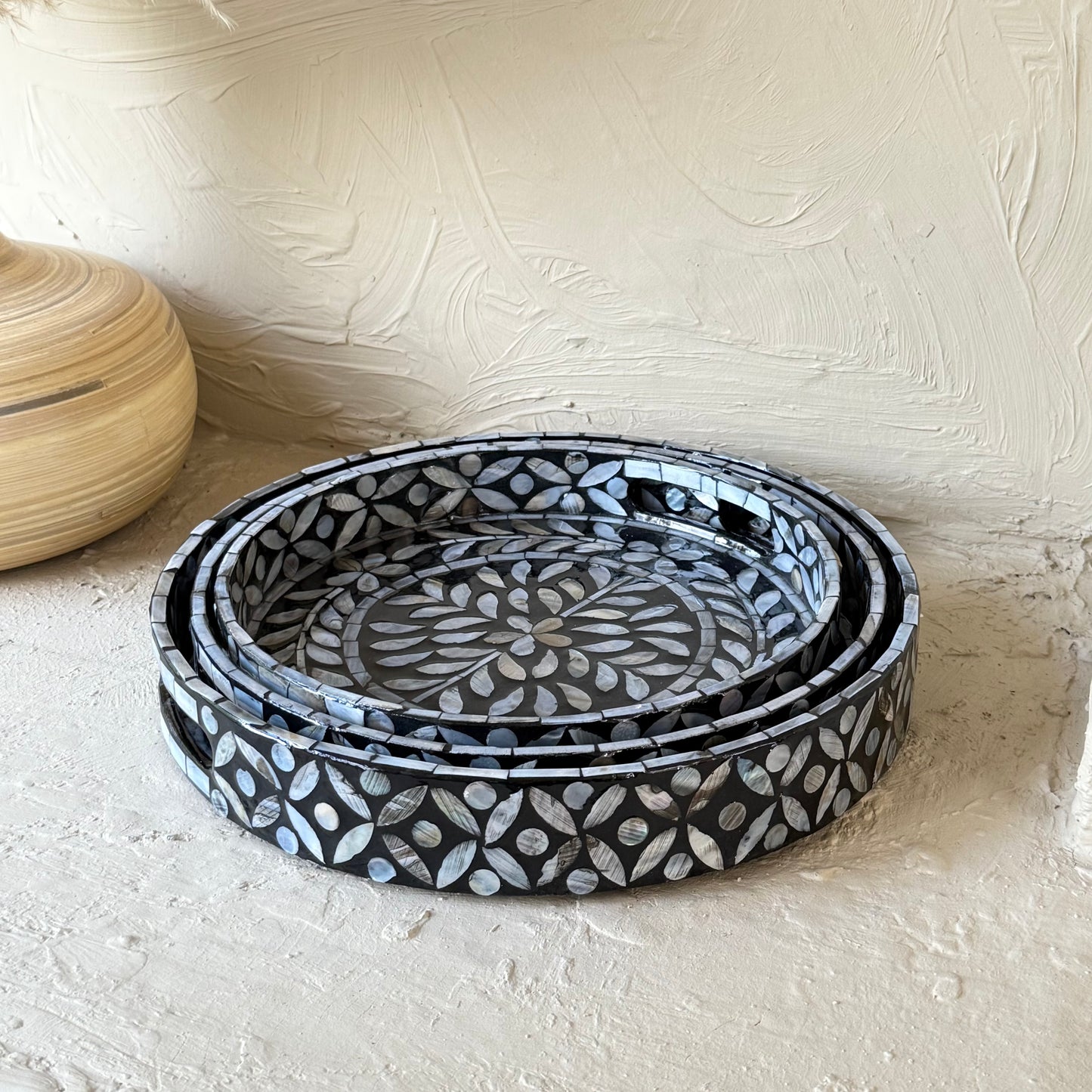 SVR Sedef 3 Lü Yuvarlak Tepsi Seti KOD:61874 Siyah