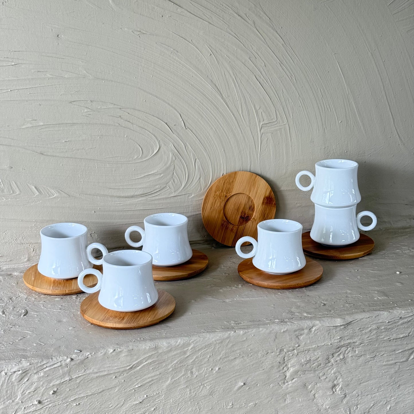 KRD Bambu Altlık Porselen Kahve Fincan Takımı Seti 6 Kişilik