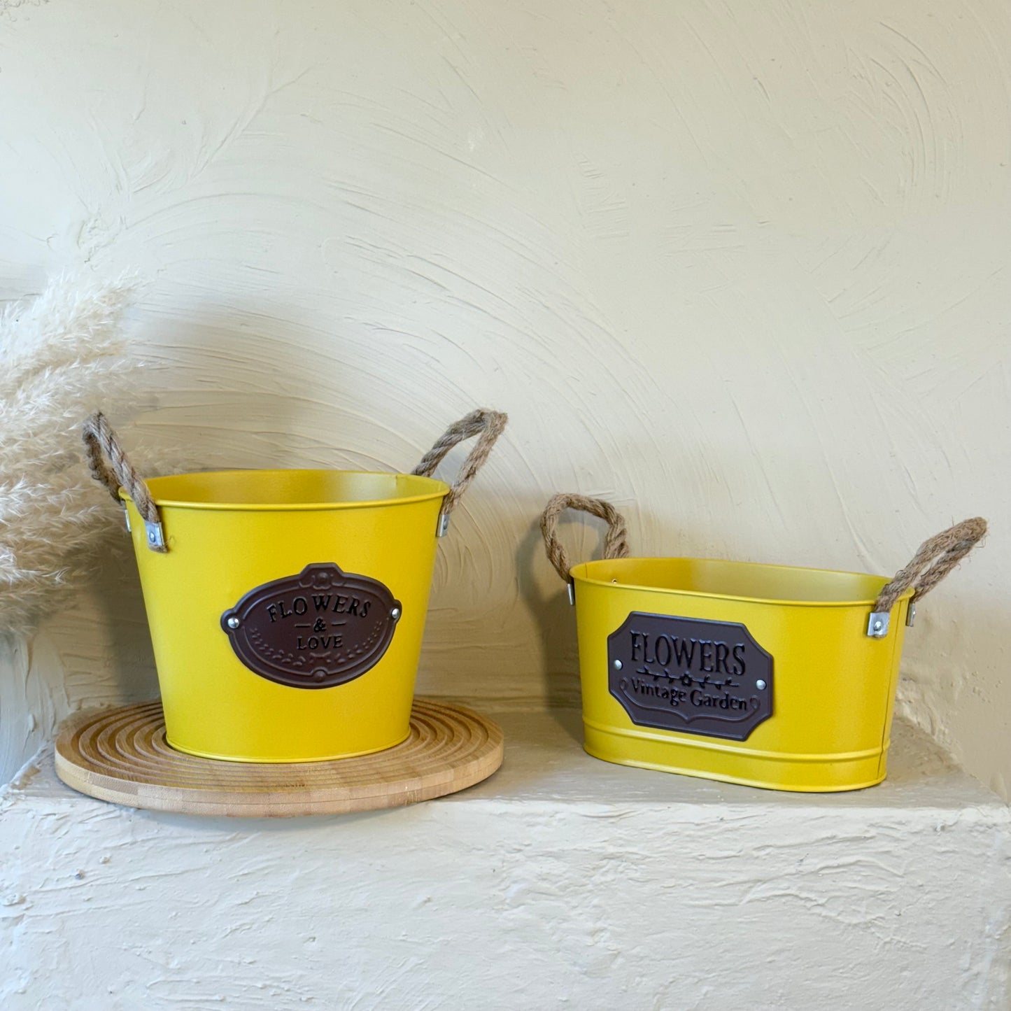 Tutku Halat Kulplu Metal İki Boy Vintage Saksı Sarı  KOD:3455-54