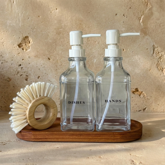 Arow Luis İkili Sıvı Sabunluk Seti Oval Ahşap Standlı Fırçalı