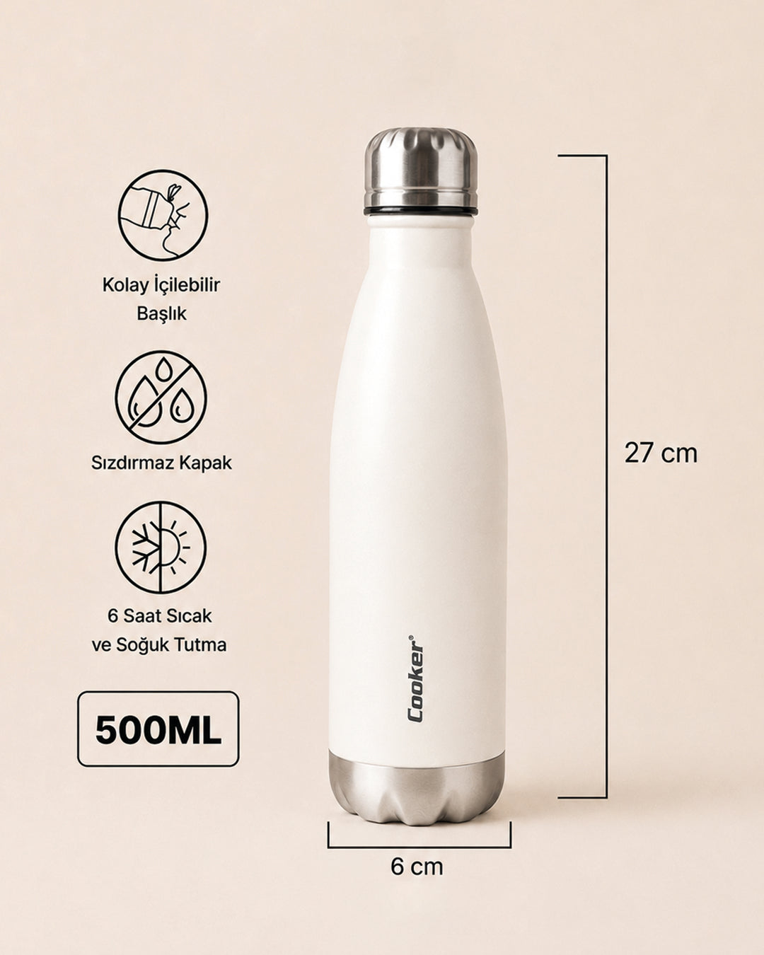 500 ml Paslanmaz Çelik Şişe Termos Beyaz Miev
