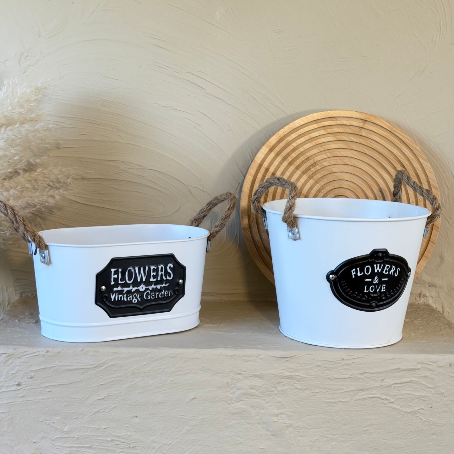 Tutku Halat Kulplu Metal İki Boy Vintage Saksı Beyaz KOD:3455-54