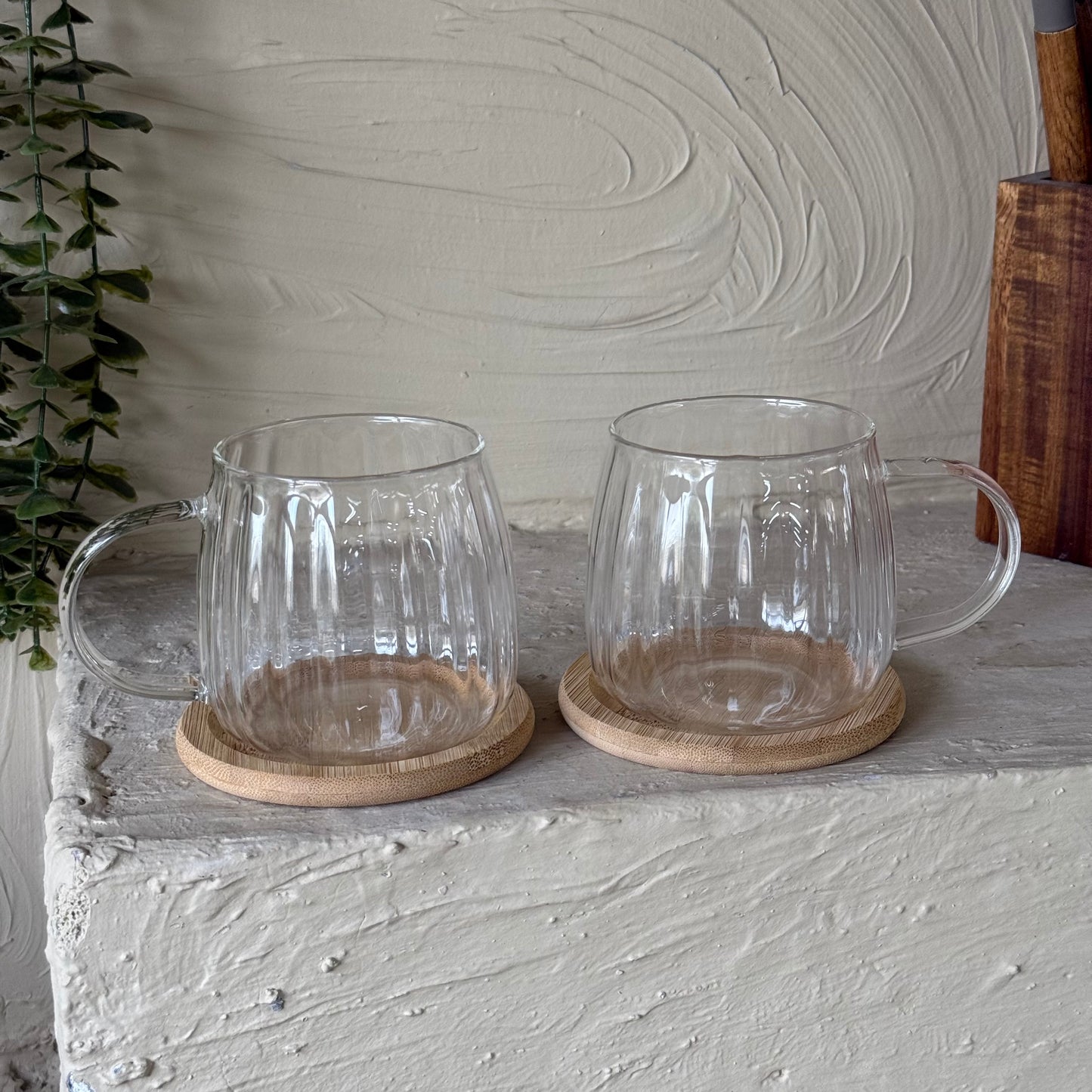 Tutku Bambu Standlı Borosilikat Cam İkili Kupa Seti Çizgili Tombul Model