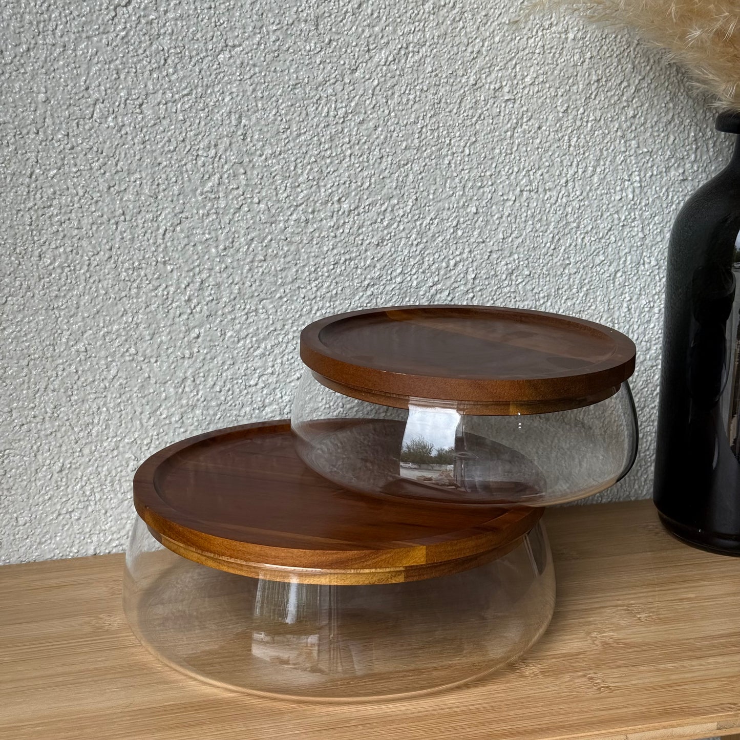 Milay İki Boy Akasya Kapaklı Cam Saklama Kabı KOD:245