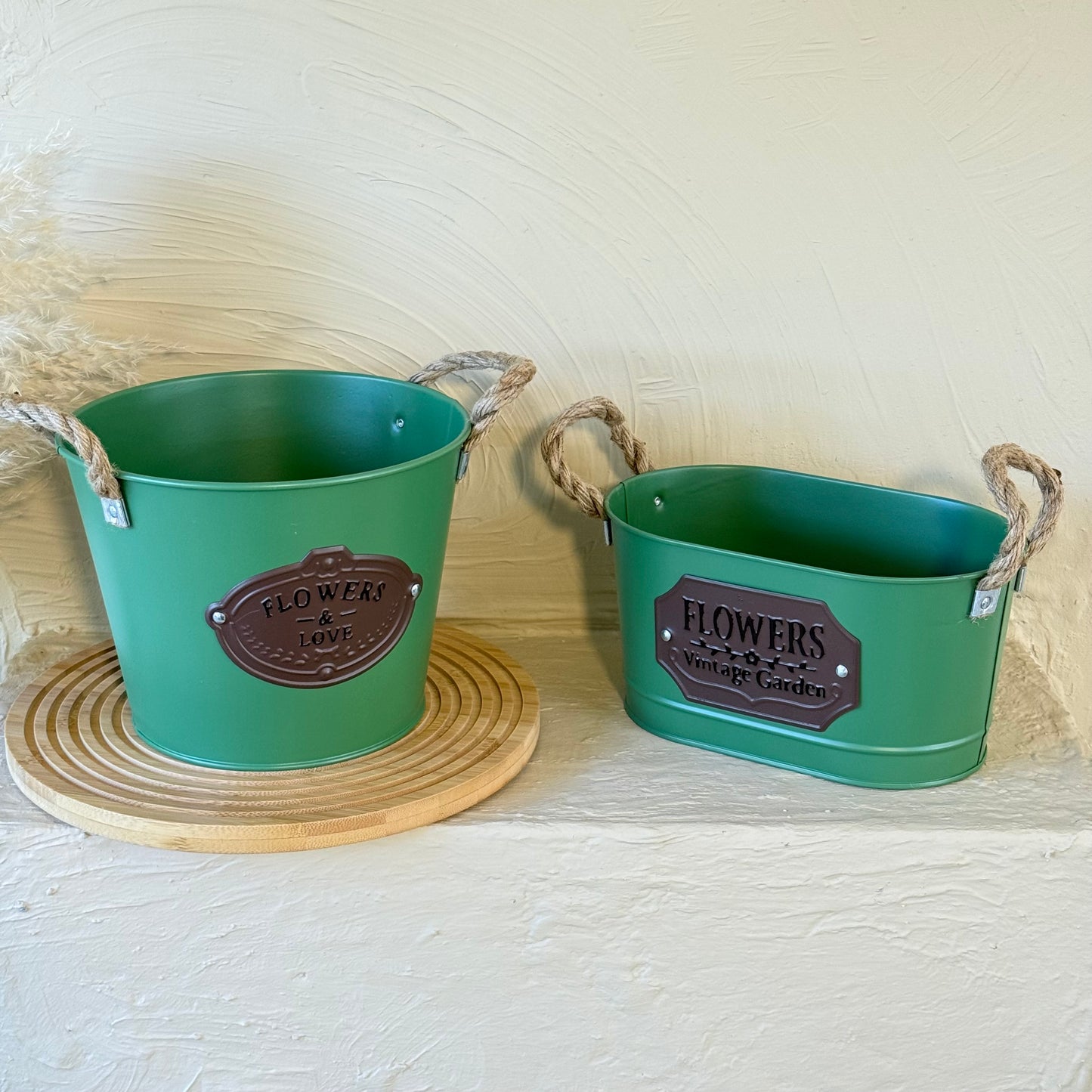 Tutku Halat Kulplu Metal İki Boy Vintage Saksı Yeşil KOD:3455-54