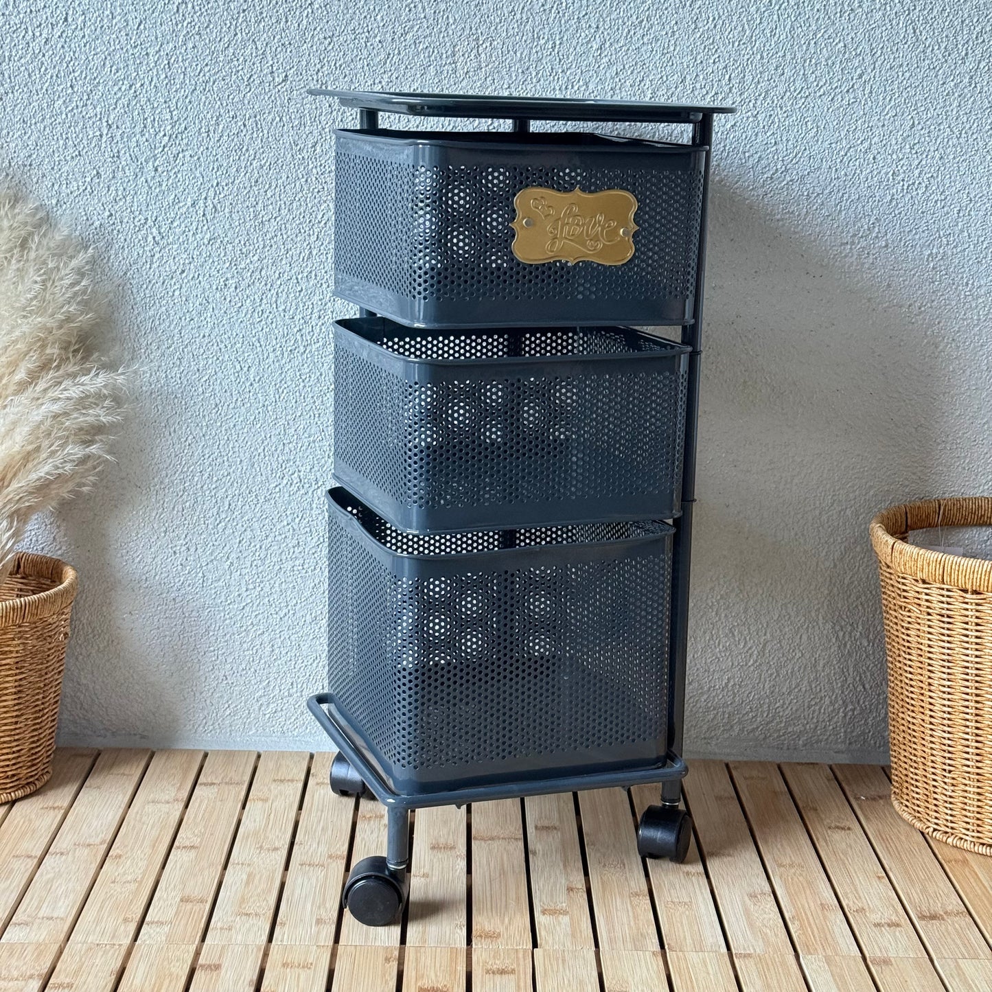 Evanev 3 Katlı Açılır Kapanır Tekerlikli Kare Ferforje Sebzelik Gri KOD:1058K