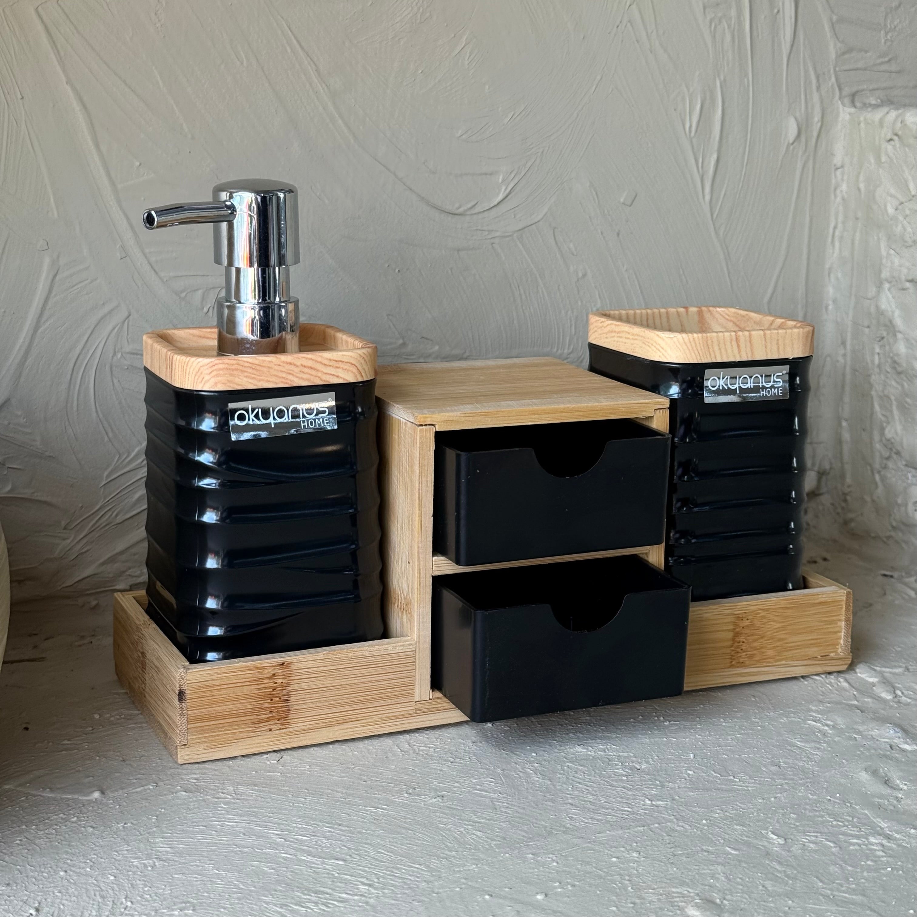 Okyanus 5 Parça Bambu Standlı Banyo Seti Siyah