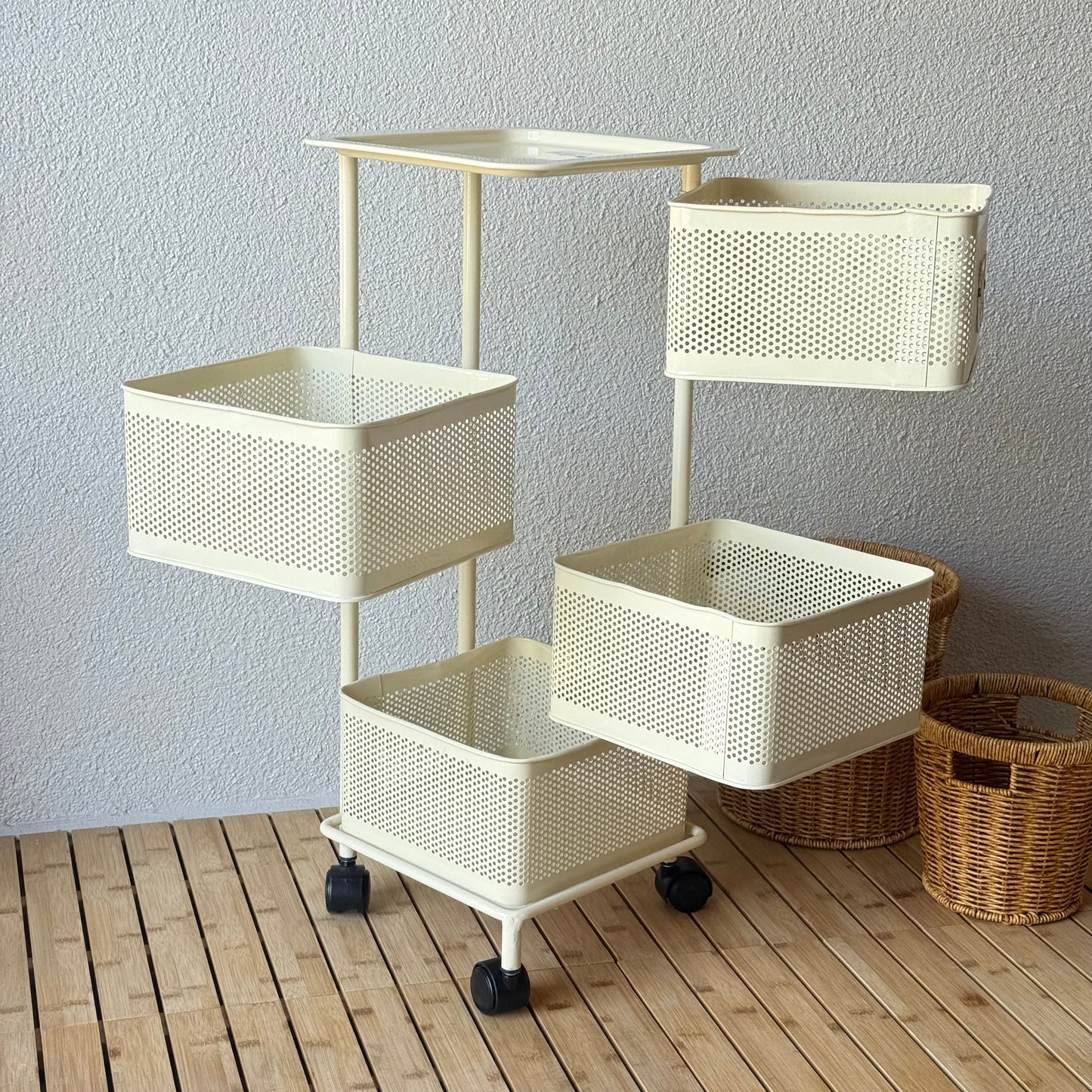 Evanev 4 Katlı Açılır Kapanır Tekerlikli Kare Ferforje Sebzelik Krem KOD:1057K