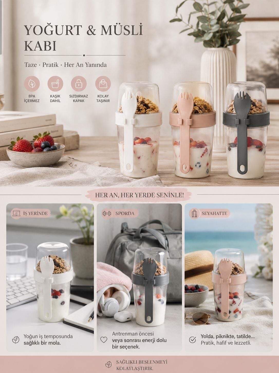 Çift Hazneli Kaşıklı Yoğurt, Yulaf ve Müsli Kabı 800 ml – Pembe