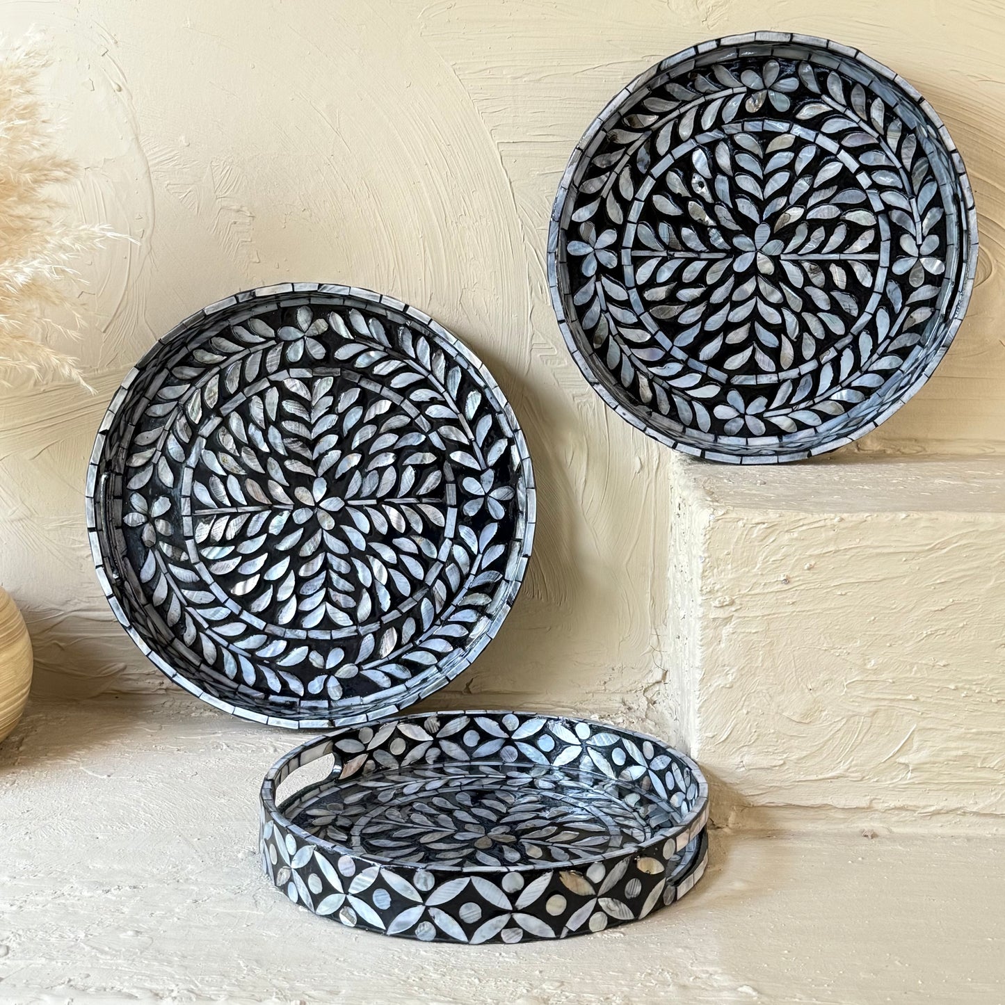 SVR Sedef 3 Lü Yuvarlak Tepsi Seti KOD:61874 Siyah