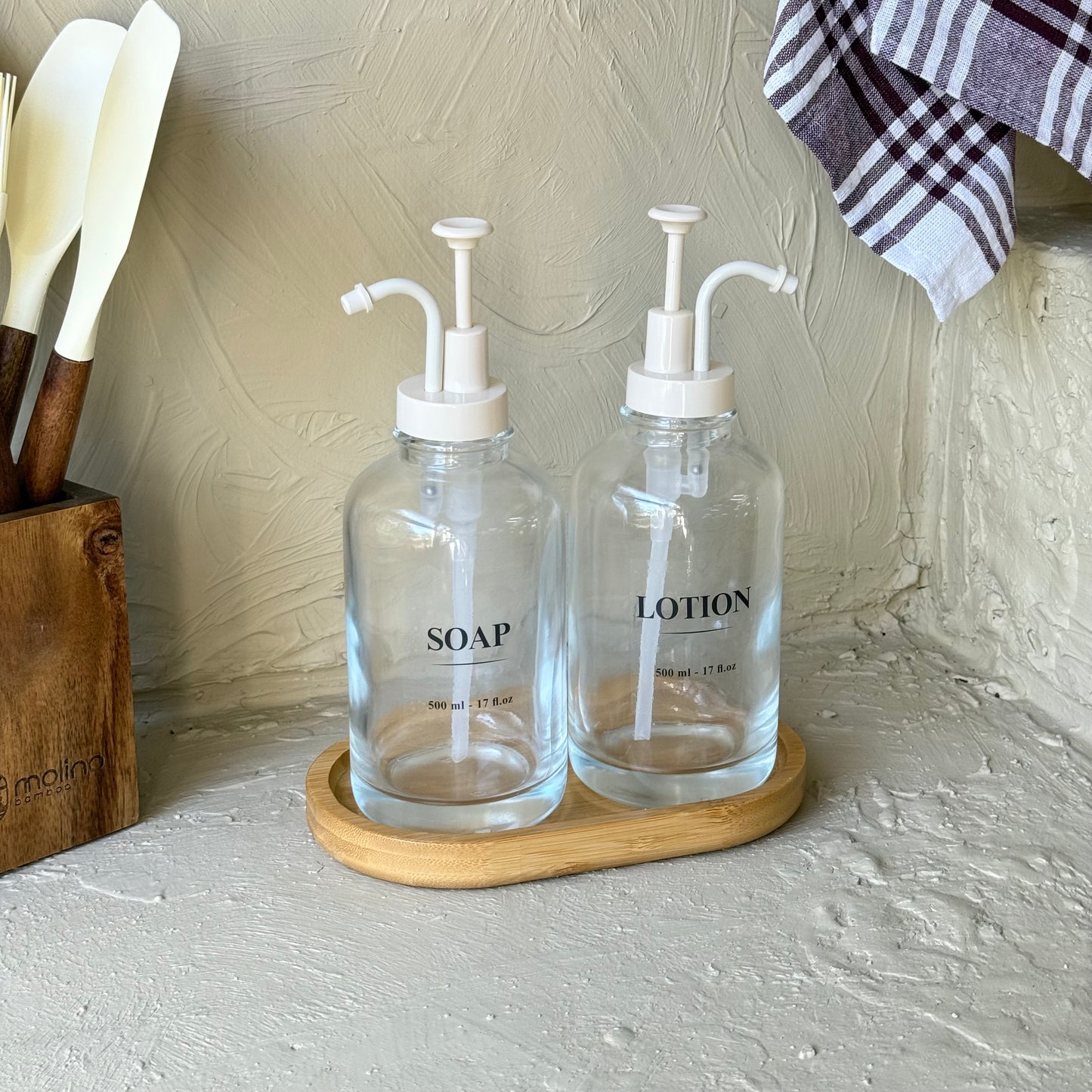 Arow Angel Model Yuvarlak Bambu Oval Standlı İkili Sıvı Sabunluk Seti Krem KOD:1016