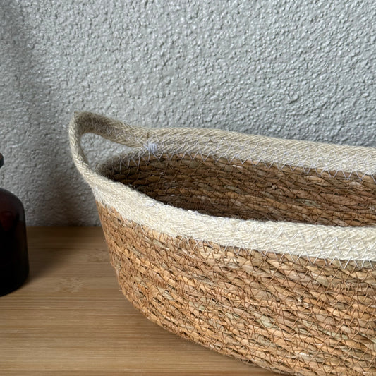 Svr Kulplu Oval İnçe Hasır Sepet Krem 29x16x11 cm