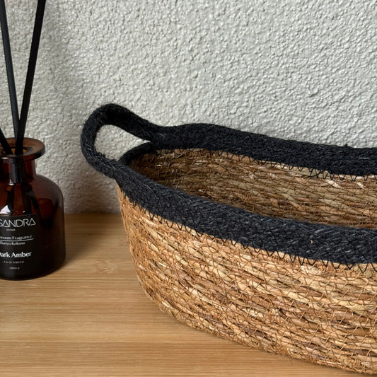 Svr Kulplu Oval İnçe Hasır Sepet Siyah 29x16x11 cm