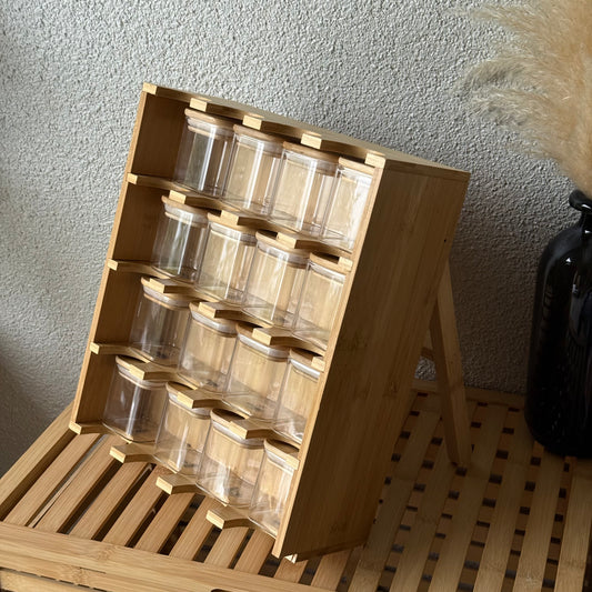 ZBERN 16 Bambu Kapaklı Kare Borosilikat Cam Baharatlık Seti Standlı 34x29x11,5 cm