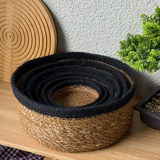 Svr 7 Parça Yuvarlak Hasır Sepet Seti Siyah