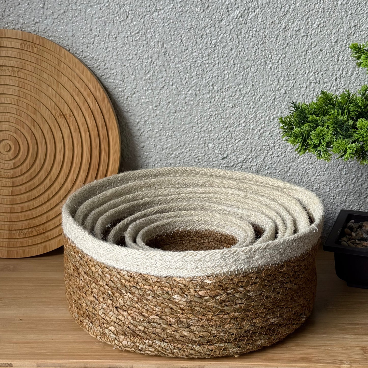 Svr 7 Parça Yuvarlak Hasır Sepet Seti Krem