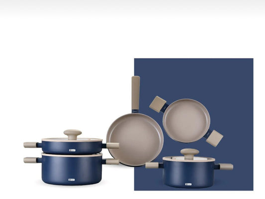 Arow Kristal Kaplama Yapışmaz Taban Tencere Tava Seti 8 Parça Mavi