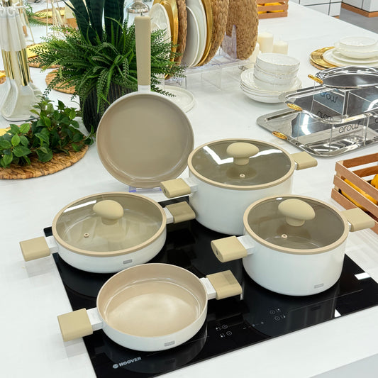 Arow Kristal Kaplama Yapışmaz Taban Tencere Tava Seti 8 Parça Krem