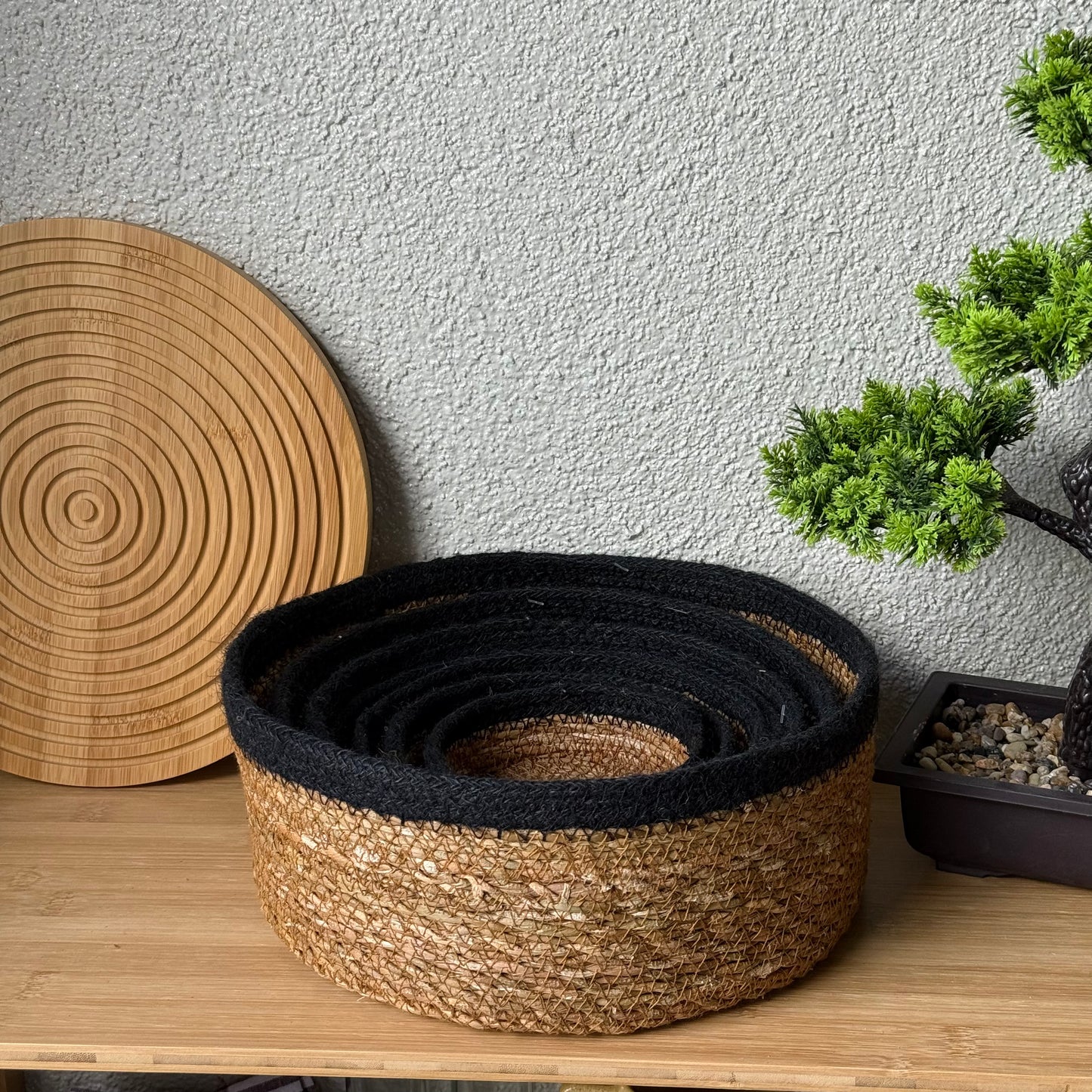 Svr 7 Parça Yuvarlak Hasır Sepet Seti Siyah